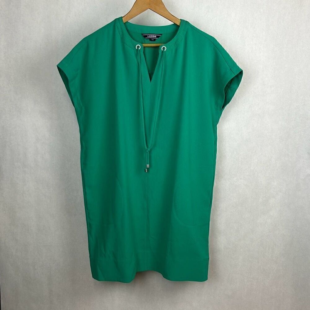 Lands' End Shift Dress Sz 8P Green Tie Slit Neck Short Sleeve Side Pockets